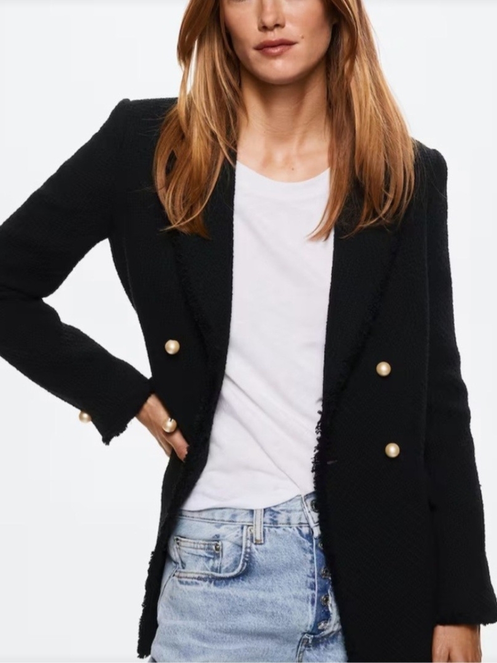 Mango Black Tweed Double-Breasted Blazer with Gold Buttons